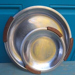 Vintage Stainless Steel Tray Teak Wood Handles MCM Metal Platter Modern Display